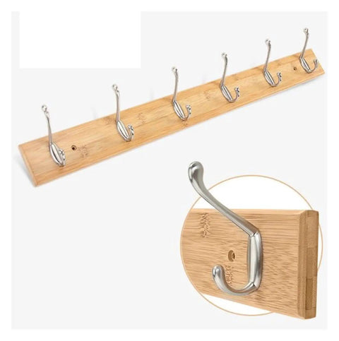 Slick Wall Mount Coat Rack With Heavy Duty Hook Rails For Entryway And Mudroom Hang Your Duds Gear And Bags Without A Hitch Rustic Wood And Zinc Alloy Storage Solution, featuring six polished hooks on wooden rail.