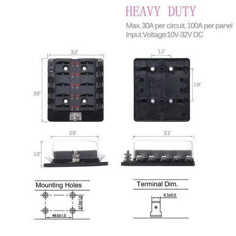 10 Way RV Blade Fuse Block With Bright LED Indicator DC Junction Box dimensions and specifications for trucks, boats, and marine craft.