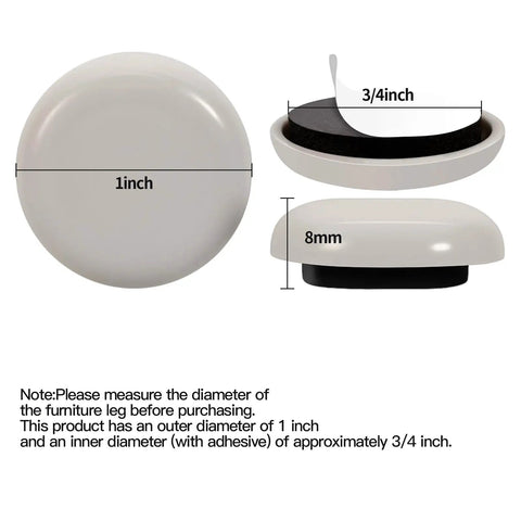 Three views of 1 inch beige furniture slider from 12 Pack 1 Inch Stick On Furniture Sliders Set With 8 Round And 4 Square Pads Beige Glide Movers For Carpet Hardwood Tile Floors Protects Wood Laminate From Scratches And Makes Pushing So Much Easier, showing dimensions and adhesive back.
