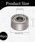 Close-up of 30pcs 693ZZ Double Shielded Deep Groove Ball Bearings Kit with size chart, 3x8x4mm, carbon steel for skateboards and bikes.