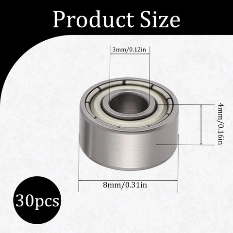 Close-up of 30pcs 693ZZ Double Shielded Deep Groove Ball Bearings Kit with size chart, 3x8x4mm, carbon steel for skateboards and bikes.