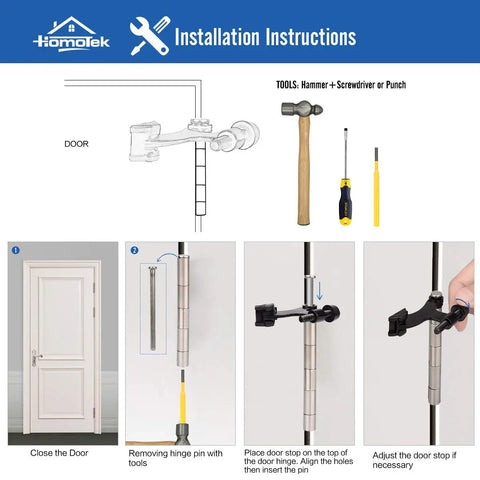 Installation instructions for Solid Six Pack Brass Hinge Pin Door Stops With Soft Rubber Bumpers, showing tool use and steps.