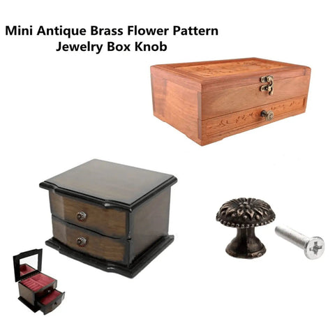 Mini Antique Brass Flower Pattern Jewelry Box Knob, iron drawer pull with M4x25mm screw for cabinets and drawers