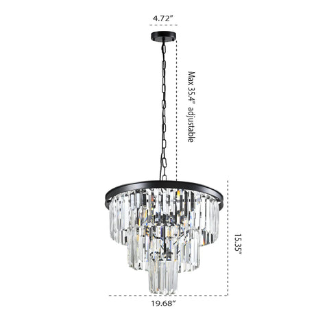 Modern Crystal Chandelier for Dining Room and Living Room, Black Round Pendant Light Fixture, dimensions shown.