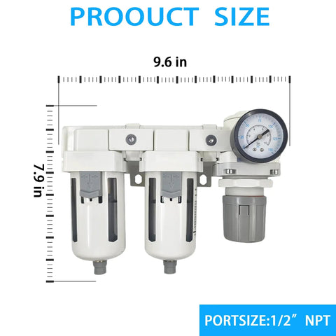 Half Inch NPT Air Filter Regulator Combo With Water And Oil Trap Separator And Air Dryer System, 0 To 150 Psi Pressure Gauge