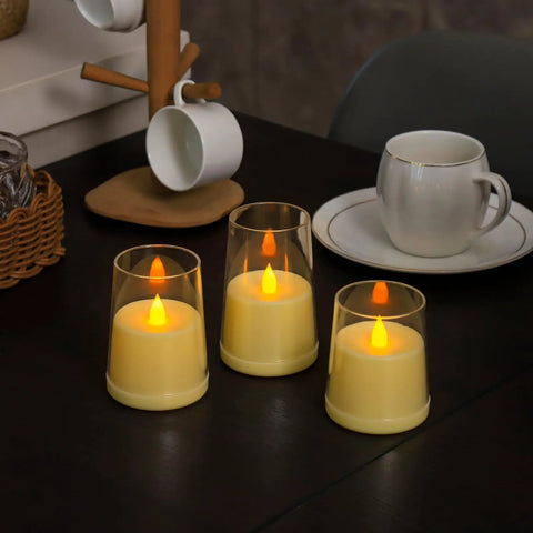Ivory Flameless Taper Candles With Remote And Timer, Battery Operated LED Candles, Unbreakable Perspex Construction on table