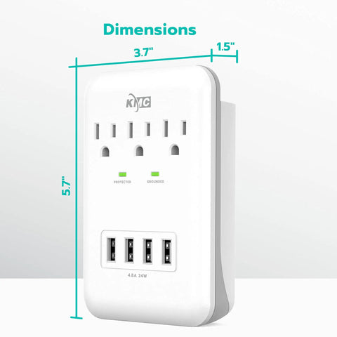 Three Outlet Wall Mount Surge Protector With 900 Joules Of Surge Protection And Four USB Ports Up To 4.8A Total, Built In Phone Holder Cradle, Compact Wall Mounted Power Hub For Home, School Or Office, ETL Certified