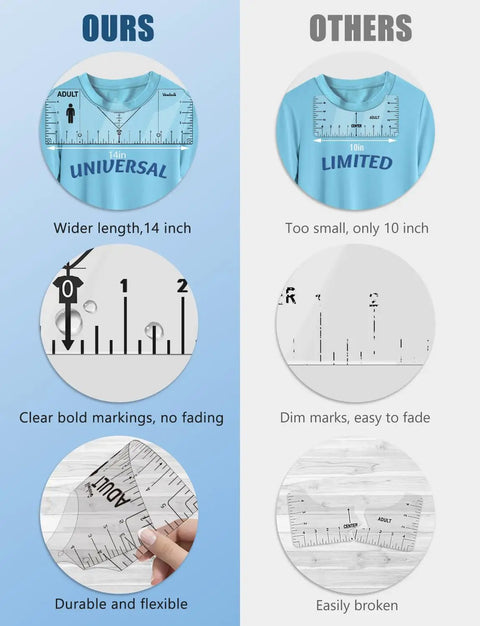 Comparative image of T-Shirt Ruler And Heat Press Guide For Right On The Money Vinyl Alignment Tool, showing durability and flexibility features.
