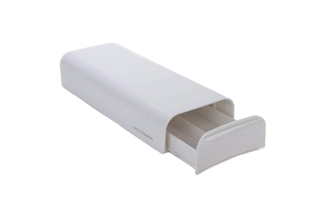 White storage drawer with open compartment, fits under coffee machines, compact design for Single Serve Coffee Pod Drawer Organizer Holds 12 To 14 Pods Black Finish Measures 5 Inches Deep By 12.75 Inches Wide By 2.25 Inches High Grab And Go Space Saving Countertop Accessory For Fast Morning Coffee