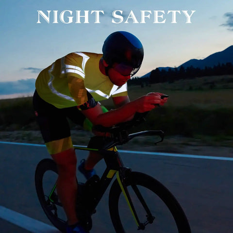Cyclist wearing Six Pack Of XL High Visibility Reflective Safety T Shirts Breathable Yellow Unisex Workwear Set for night ride.