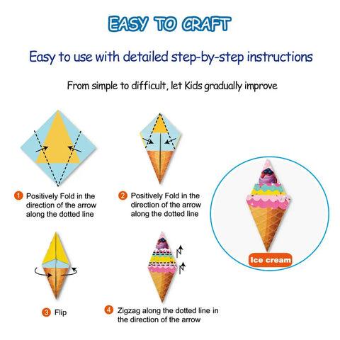 Step-by-step guide from Origami Kit For Kids Ages Five To Twelve With 152 Papers And 72 Patterns, showing ice cream cone fold.