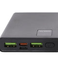 Rock Solid Mini Ups Battery Backup With 4050mAh Capacity And 3A Output, compact black power supply with multiple output ports.