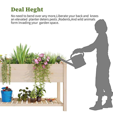 Outdoor Wood Raised Garden Bed With Elevated Planter Box And Storage Shelf, Spacious 48 Inch Long Garden Bed For Vegetables And Flowers
