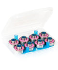 Set of high speed longboard bearings for performance riding, chromium steel, rubberized shields, in a plastic case