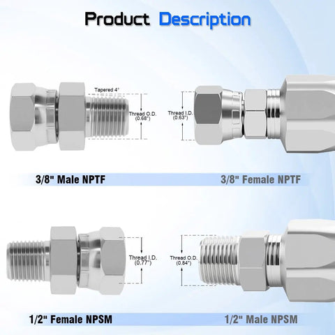 Hydraulic Swivel Adapter Three Eighth NPTF Male To One Half NPSM Female Beefy 360 Degree Swivel Built To Last High Pressure Hydraulic Lines Industrial Plumbing Connector Durable Steel showing 3/8 male NPTF and 1/2 female NPSM ends