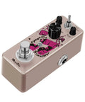 Electric To Acoustic Guitar Simulator Pedal With 3 Cabinet Modes, sturdy metal housing, top view with controls visible.