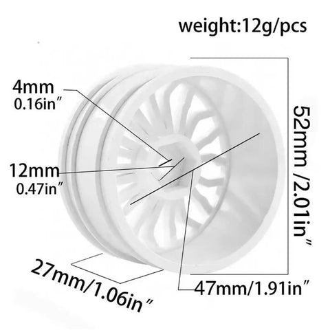 Dimensions of 52mm On Road Drift Wheel Hubs for RC Cars with impact-resistant plastic rim, weight shown, side view