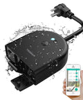 Weatherproof Outdoor Smart Plug With 2.4GHz WiFi Three Individually Controlled Sockets 15A 1875W shown with water splashes and phone app screen