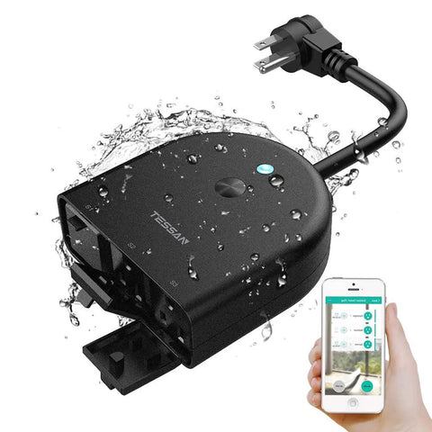 Weatherproof Outdoor Smart Plug With 2.4GHz WiFi Three Individually Controlled Sockets 15A 1875W shown with water splashes and phone app screen