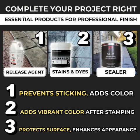 Essential products for concrete finish: release agent, stains & dyes, sealer; prevents sticking, adds color, protects surface.
