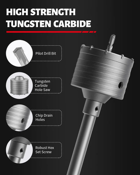 Concrete Hole Saw Kit 10 Piece With SDS Plus And SDS Max Shank Adapters, high strength tungsten carbide hole saw
