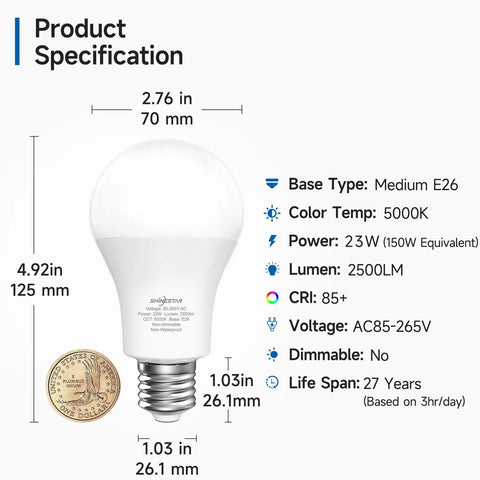 Ultra Bright 150W Equivalent LED Bulb 2500 Lumen A21 Daylight 5000K For Indoor Lighting E26 Base Non Dimmable 2 Pack specifications