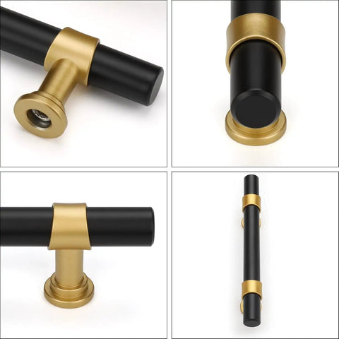 Close-up views of 15 Pack 3 Inch Hole Center Black Cabinet Pulls And Barrel Gold Drawer Handles For Kitchen Cabinets And Dressers