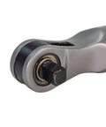 Close-up of the M12 Fuel 12 Volt Brushless Cordless 3/8 Ratchet socket driver head, showcasing its quarter inch chuck.