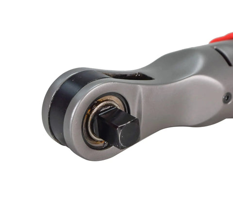 Close-up of the M12 Fuel 12 Volt Brushless Cordless 3/8 Ratchet socket driver head, showcasing its quarter inch chuck.