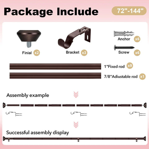 Heavy Duty Bronze Curtain Rod Set For Windows 72 To 144 Inches With Adjustable 1 Inch Rods And Diamond Finials packaging