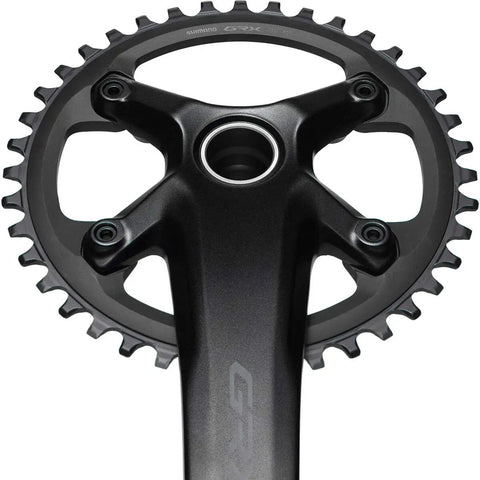 Close-up of GRX FC-RX600-1 Gravel Crankset, 172.5mm, 11-Speed, 40t Single Chainring, 110 BCD, Hollowtech II Spindle, Black.