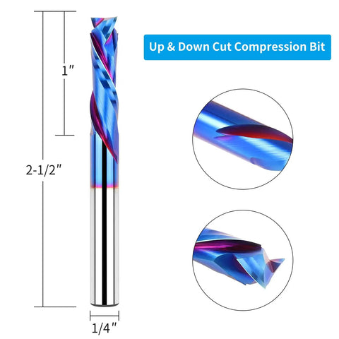 Up And Down Spiral Router Bit With Quarter Inch Shank And Quarter Inch Cutting Diameter, Nano Blue Coating, CNC End Mill.