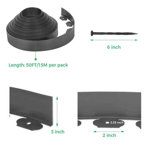 Easy Install Landscape Edging Border Kit With 75 Stakes 50 Ft Flexible Black Plastic Border dimensions and parts