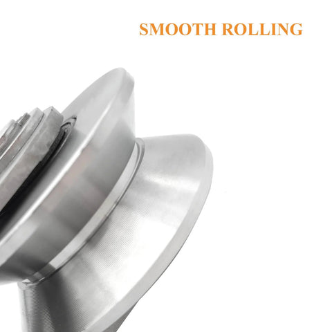 Close-up of Beefy Heavy Duty V Groove Wheel Pulley For Doors And Sliding Gates with stainless steel roller, smooth rolling feature visible.