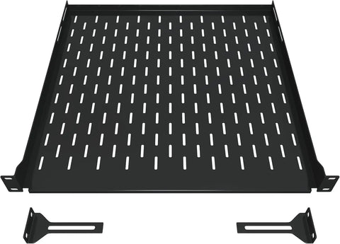 Heavy Duty 1U Server Rack Shelf 3 Pack Featuring Four Post Mount Tray Compatible With Standard 19 Inch Racks with black steel frame and ventilation slots.