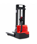 Heavy Duty Full Electric Pallet Stacker With 3300 Lb Load Capacity And 118 Inch Lift Height side view showing red and black design.