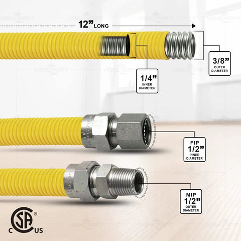 Twelve Inch Flexible Epoxy Coated Gas Line Connector For Space Heaters And Gas Logs With Three Eighths Inch OD And One Half Inch FIP To One Half Inch MIP Fittings Yellow Stainless Steel Corrosion Resistant, close-up on fittings
