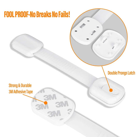 Close-up of Ten Pack Child Safety Cabinet Latches with 3M Adhesive, showing latch mechanism and peel-off adhesive backing.