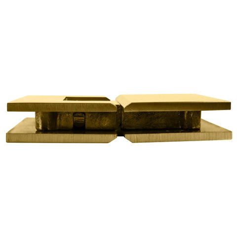Satin Brass Geneva 180 Series Glass to Glass Standard Hinge from a side view showing self-centering pivot mechanism.