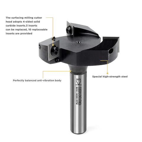 Beefy CNC Spoilboard Surfacing Router Bit With One Half Inch Shank Three Inch Cutting Diameter Fifteen Thirty Two Inch Cut Length Four Wing Carbide Insert Bit For Smooth Precise Woodworking Surfacing, close-up view with carbide inserts.