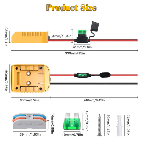 Product size and components of Dewalt 20V Battery Adapter For Power Wheels DIY Conversion Kit With Switch Fuse And Wire Terminals