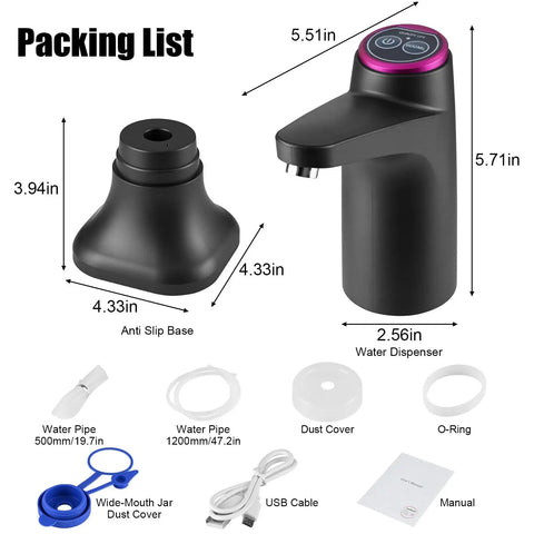 Packaging contents of 5 Gallon Water Pump With Mobile Base USB Rechargeable Electric Water Dispenser For Bottle Portable Automatic Pump Anti Shake