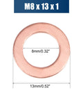 Pro Grade Copper Flat Washers M8 X 13mm X 1mm Sealing Rings for Screws Bolts and Nuts with size details on image.