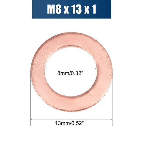 Pro Grade Copper Flat Washers M8 X 13mm X 1mm Sealing Rings for Screws Bolts and Nuts with size details on image.