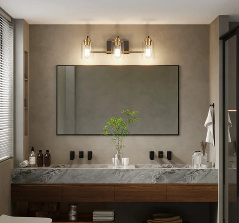 3 Light Vintage Bathroom Vanity Fixture Over Mirror Wall Sconces in Black Brass installation above modern sink