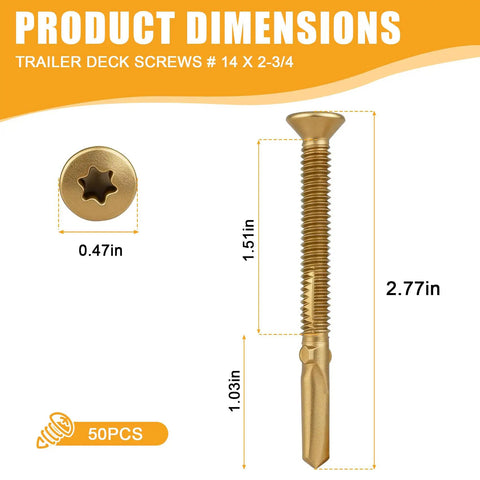 Heavy Duty Number 14 X 2-3/4 Inch Trailer Deck Screws With Bronze Ceramic Coating dimensions 0.47in head, 2.77in length, 50 pack.