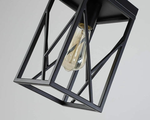 Close-up of Black Industrial Pendant Light with Durable Metal Cage showing one bulb and adjustable rod, ideal for kitchen decor.