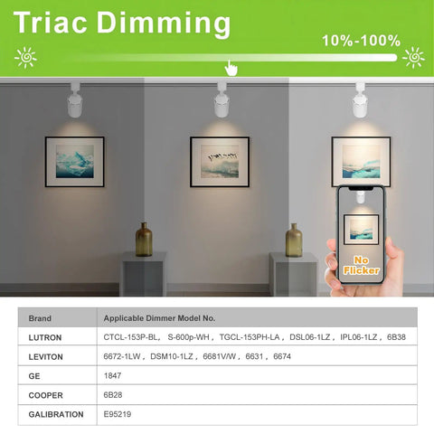 Arcfox 7W 3000K LED Track Lighting Heads dimmable demonstration in dining room with dimming chart and compatible dimmer models.