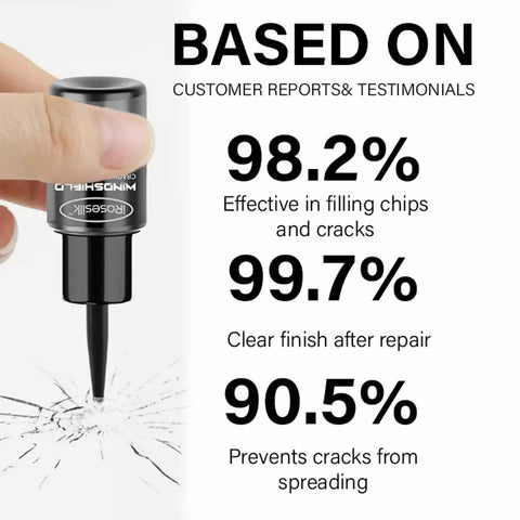 Lyseemin Glass Fix Guard 2025 Windshield Crack Repair Formula, hand holding bottle over cracked glass with effectiveness ratings