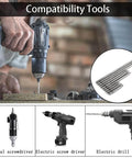 Nine Piece Square Head Screwdriver Bits Set With Quarter Inch Hex Shank Magnetic S2 Steel For Pocket Hole Jig And Electric Drill used with electric drill, shown on wood surface